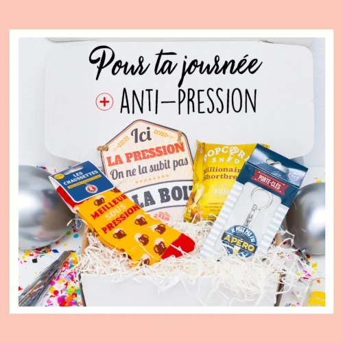 Box pour homme avec porte-clés 'Je ne peux pas, j'ai apéro', pop-corn, chaussettes 'Meilleur sous pression' et tableau avec message 'Ici la pression, on ne la subit pas, on la boit'.