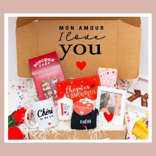 box cadeau homme, un cadeau romantique avec pop corn , chéquier amoureux,bougie ,cadre personnalisé