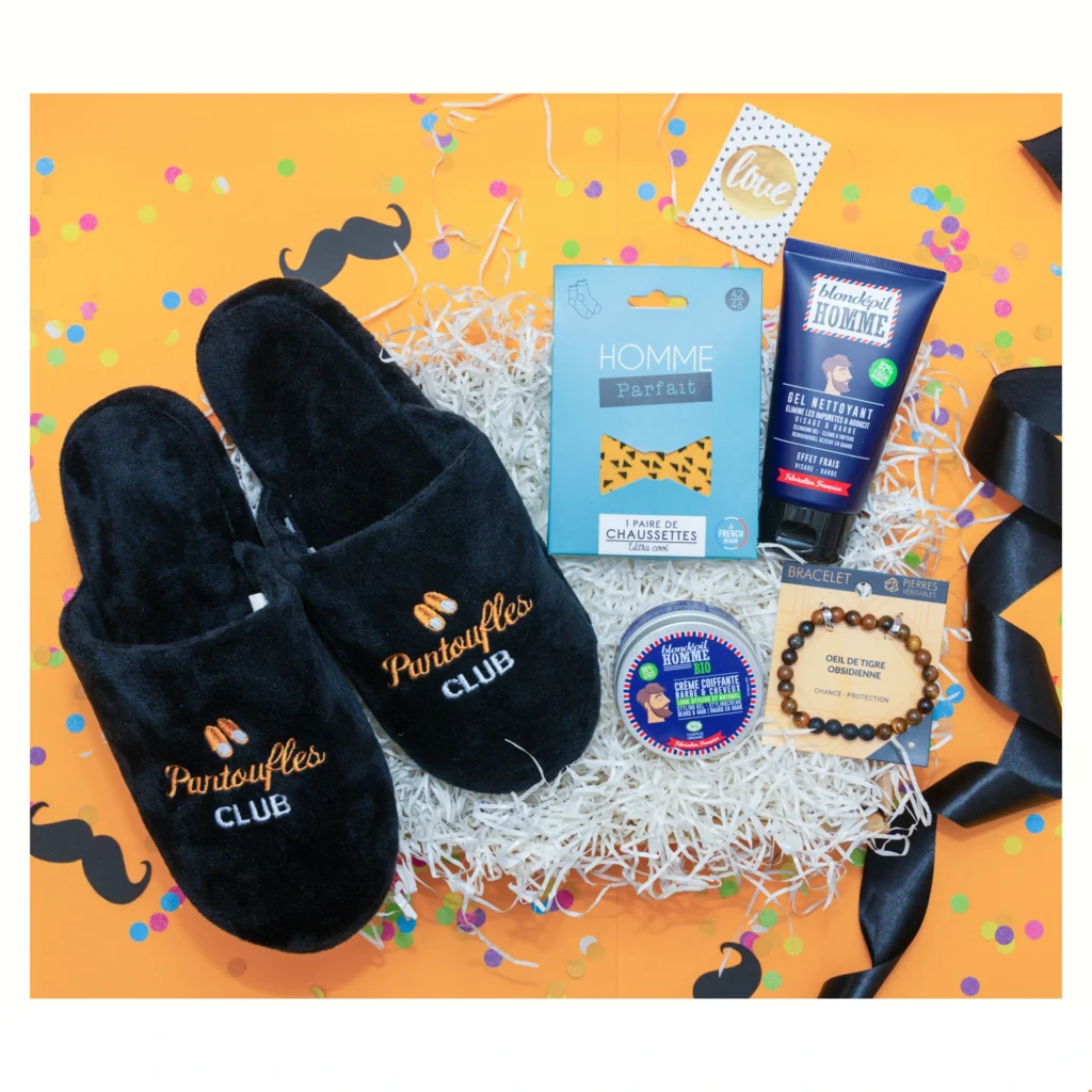 cadeau surprise homme coffret avec pantoufles, chaussettes homme, creme coiffante, gel nettoyant, bracelet