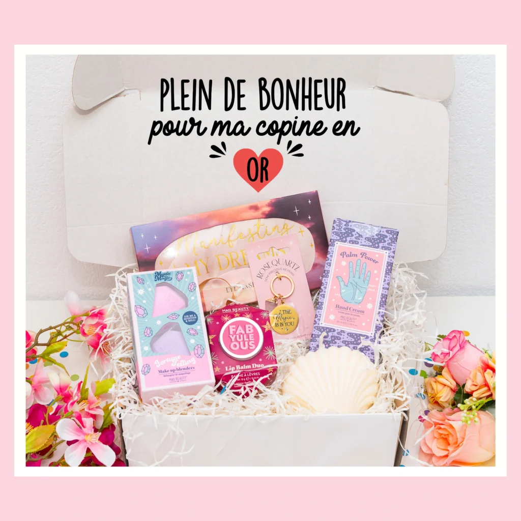 box cadeau amie avec masque sommeil, éponge maquillage , baume ç lèvre, creme main et bougie coquillage