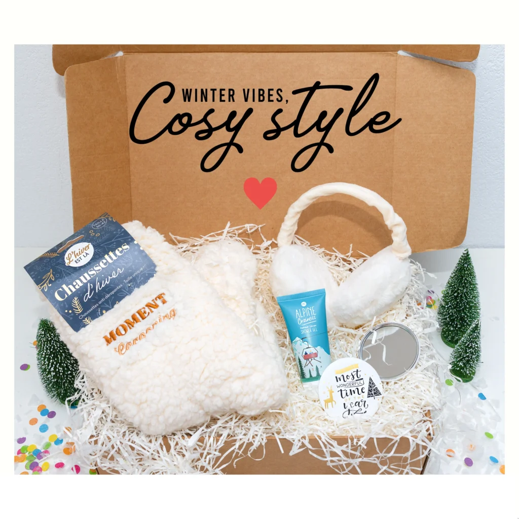 kit cocooning hiver avec chaussettes , gel de douche mirroir , cache orreilles