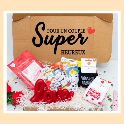 Box cadeau couple avec Masques rétro super woman, Masques rétro visage super man, Jeu de cartes « Tout sur nous » Bougie love