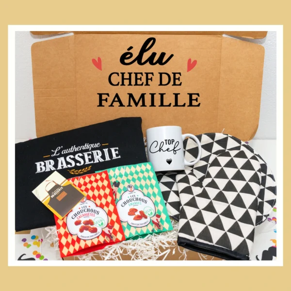 idée de cadeau homme box avec Tablier, Gants et Sous-plat cuisine, Gourmandises Cacahuètes et Amandes