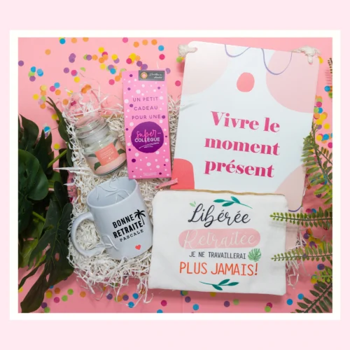 Cadeau de retraite pour femme : mug de retraite personnalisable, pochette souvenir, bougie avec message, décoration et chocolats