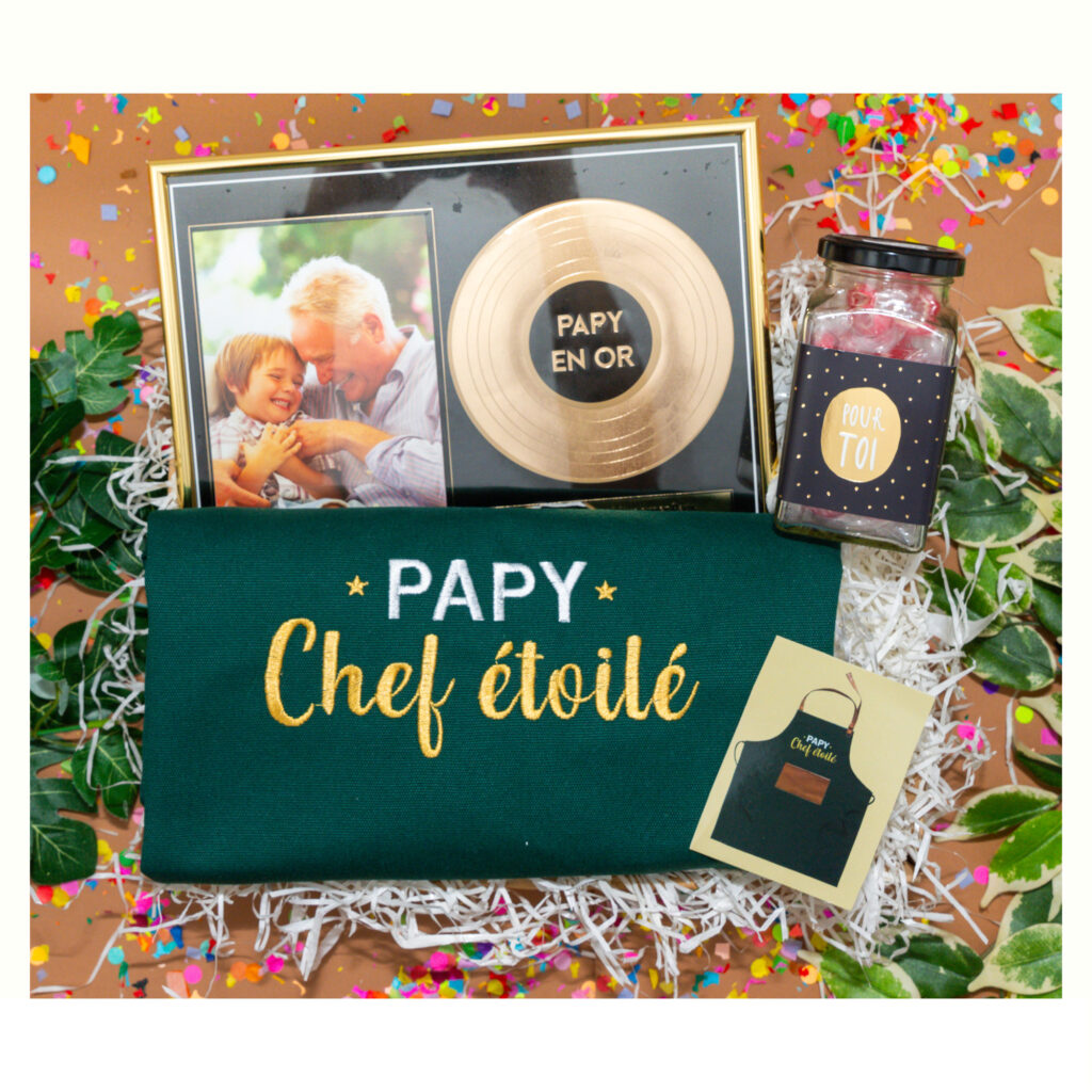 cadeau papy personnalise avec un cadre a personnaliser , bonbons et le tablier cuisine