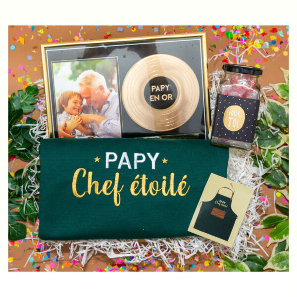 cadeau papy personnalise avec un cadre a personnaliser , bonbons et le tablier cuisine