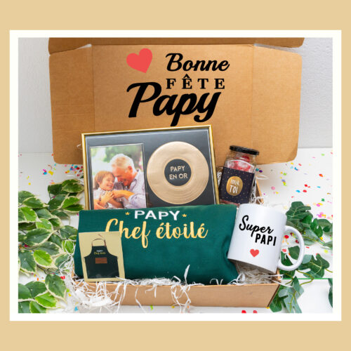 Cadeau papy : une box avec photo personnalisée "papy en or" une tablier "papy chef étoilé" et bonbons pour toi et tasse personnalisé