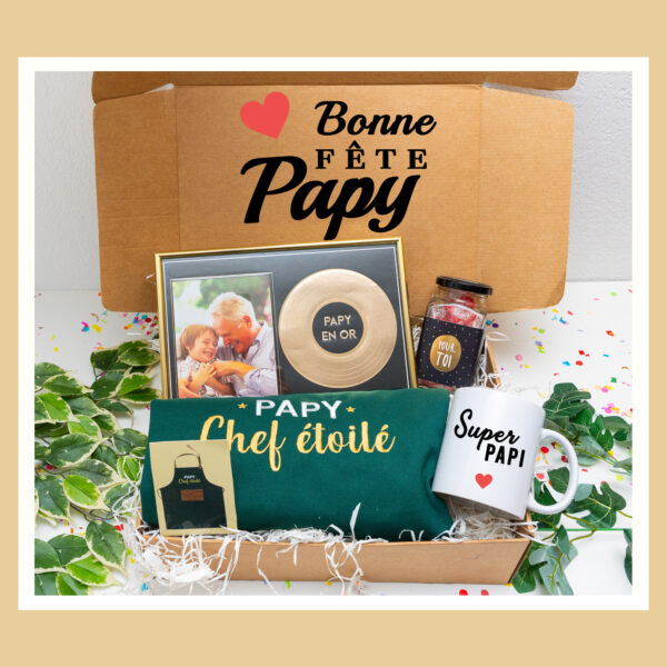 cadeau papy avec un cadre personnalise avec photo, tablier cuisine , bonbons et tasse personnalise