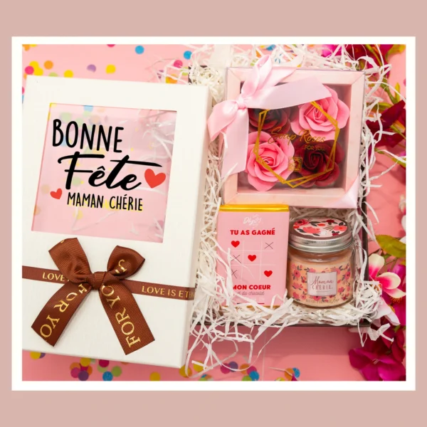 coffret cadeau maman roses savon , tablette de chocolat et bougie