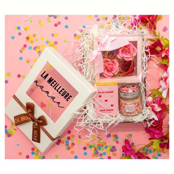 coffret cadeau maman avec bougie , roses savon et tablette chocolat