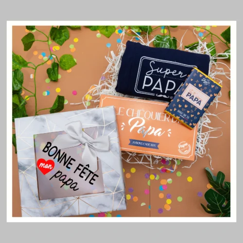 Box papa avec un boxer homme avec message super papa, chéquier de papa avec 20 bons et une tablette je t'aime papa