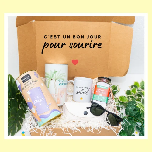 Box surprise femme avec Tirelire, serviette , lunettes, bonbons spécial patiente, tasse personnalisé