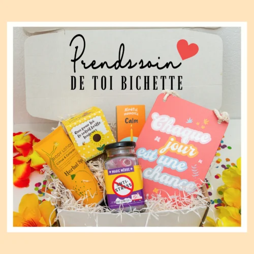 Cadeau personnalisable femme avec creme corp, eco-cube turnesol, cadre photo, bonbons anti-stress et bougie