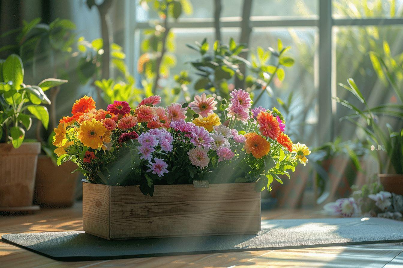 Magnifique arrangement floral dans un pot en bois sur une table