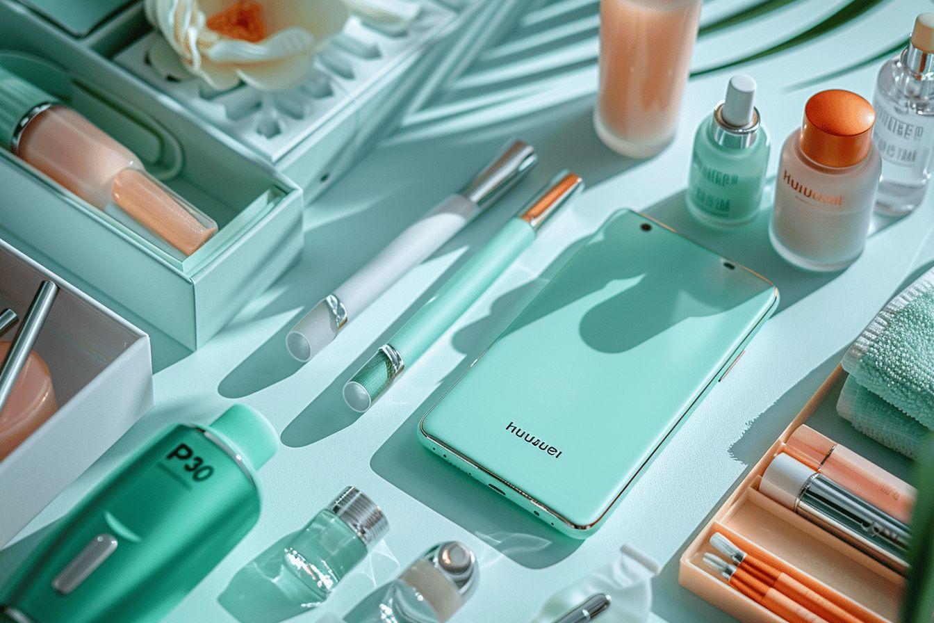 Produits de maquillage et de soins de la peau sur fond turquoise