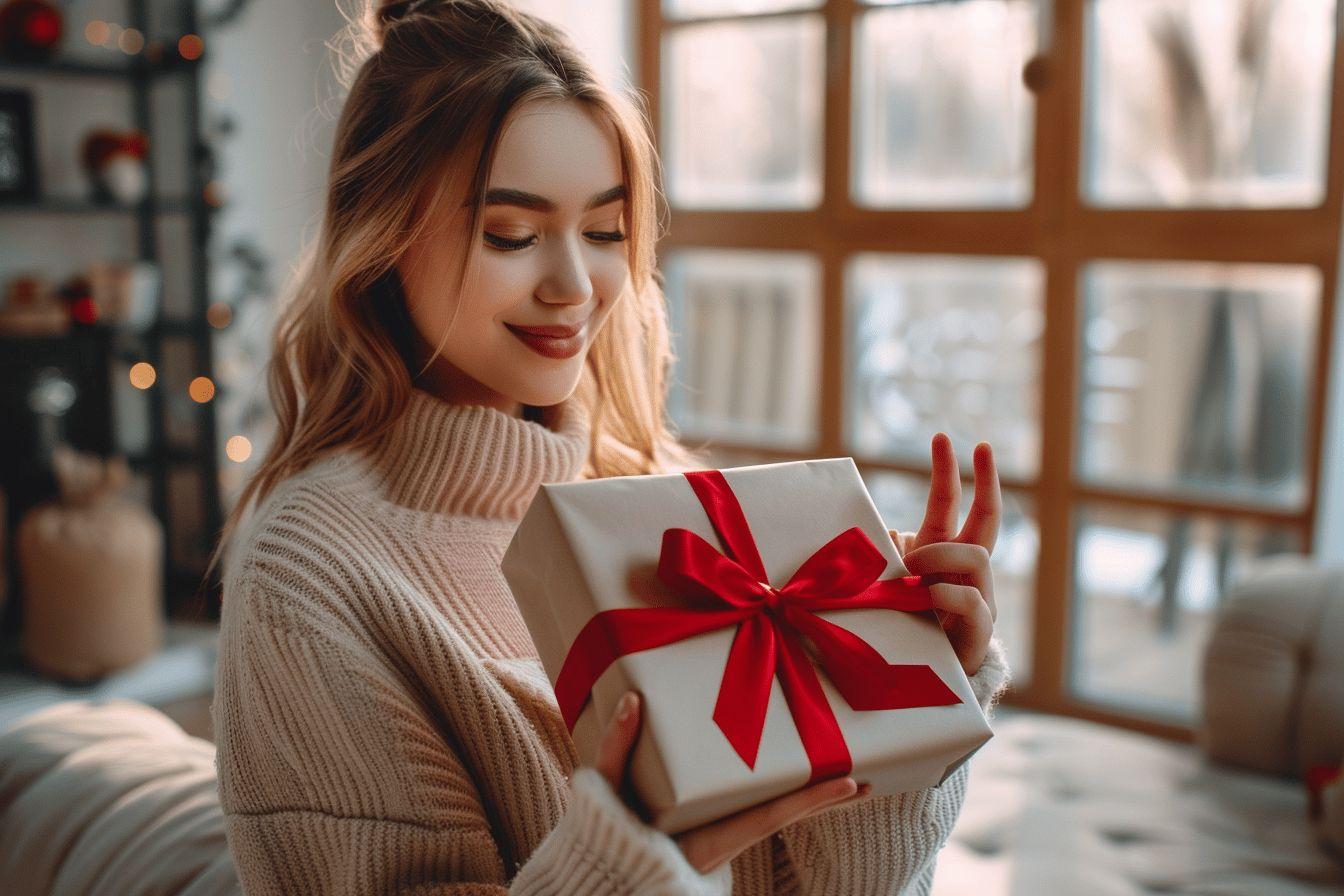 Femme souriante tenant un cadeau emballé avec un ruban rouge.