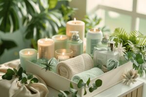 Plateau de soins de spa avec bougies allumées, produits de beauté et plantes vertes.