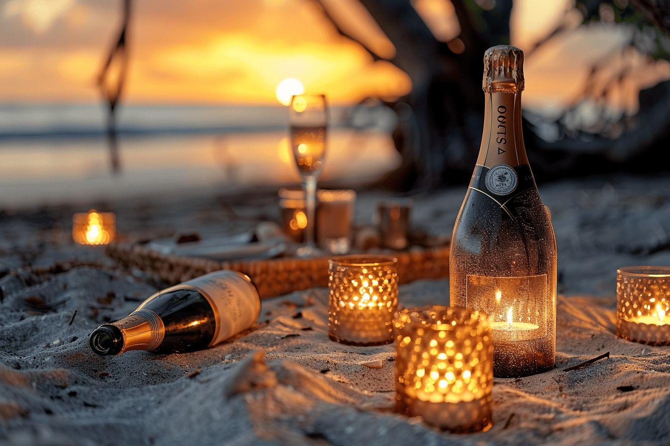 Bouteille de champagne, verres et lumières sur la plage au coucher de soleil